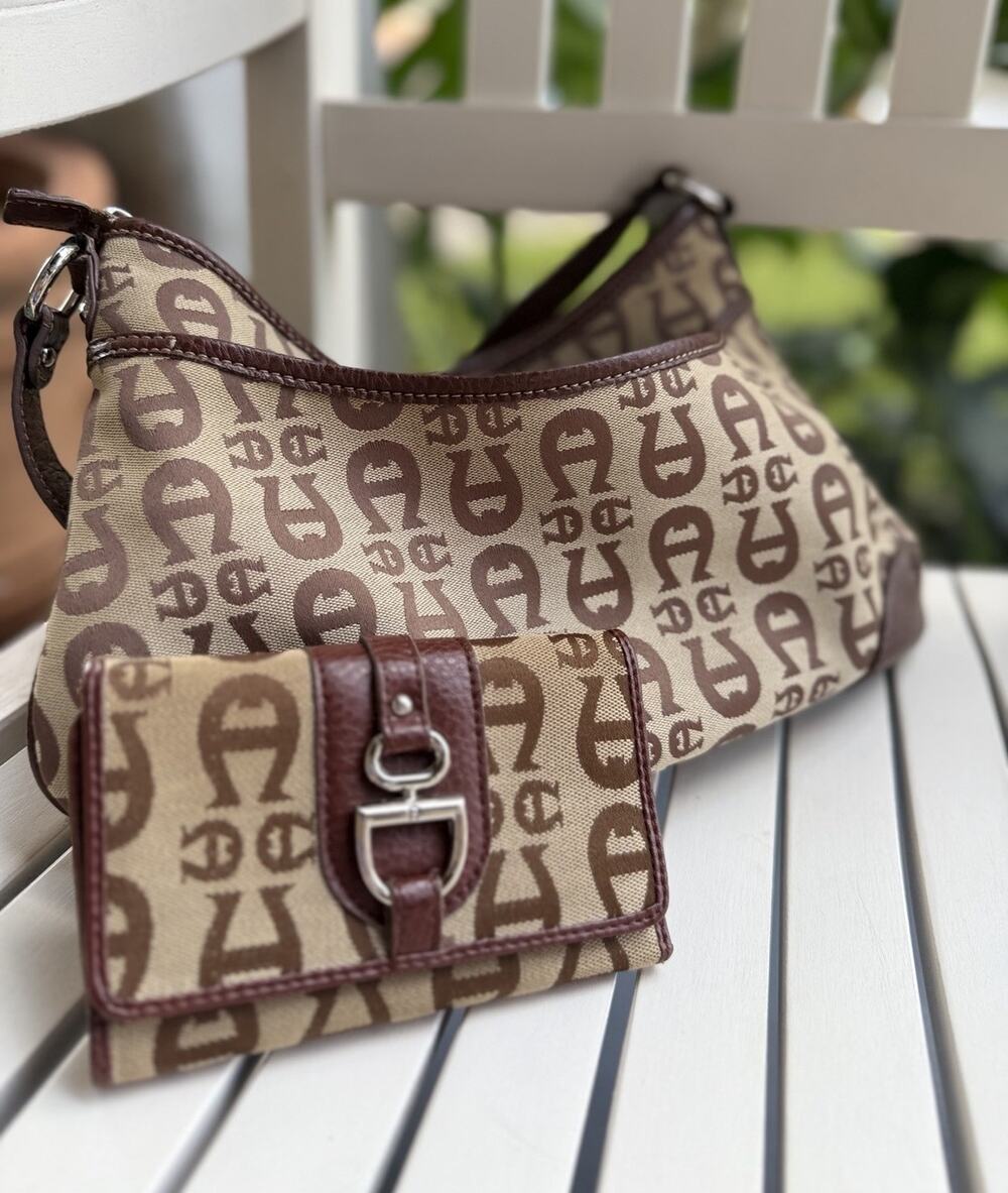 Etienne Aigner Handbag Purse Brown Canvas Leather Trim W/Wallet Logo Print